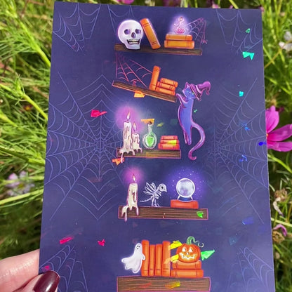 "Spooky Bookshelf" Halloween Holo Art Print