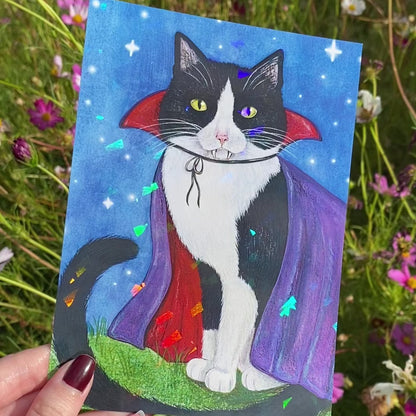 "Vampire Tuxedo Cat" Halloween Holo Art Print